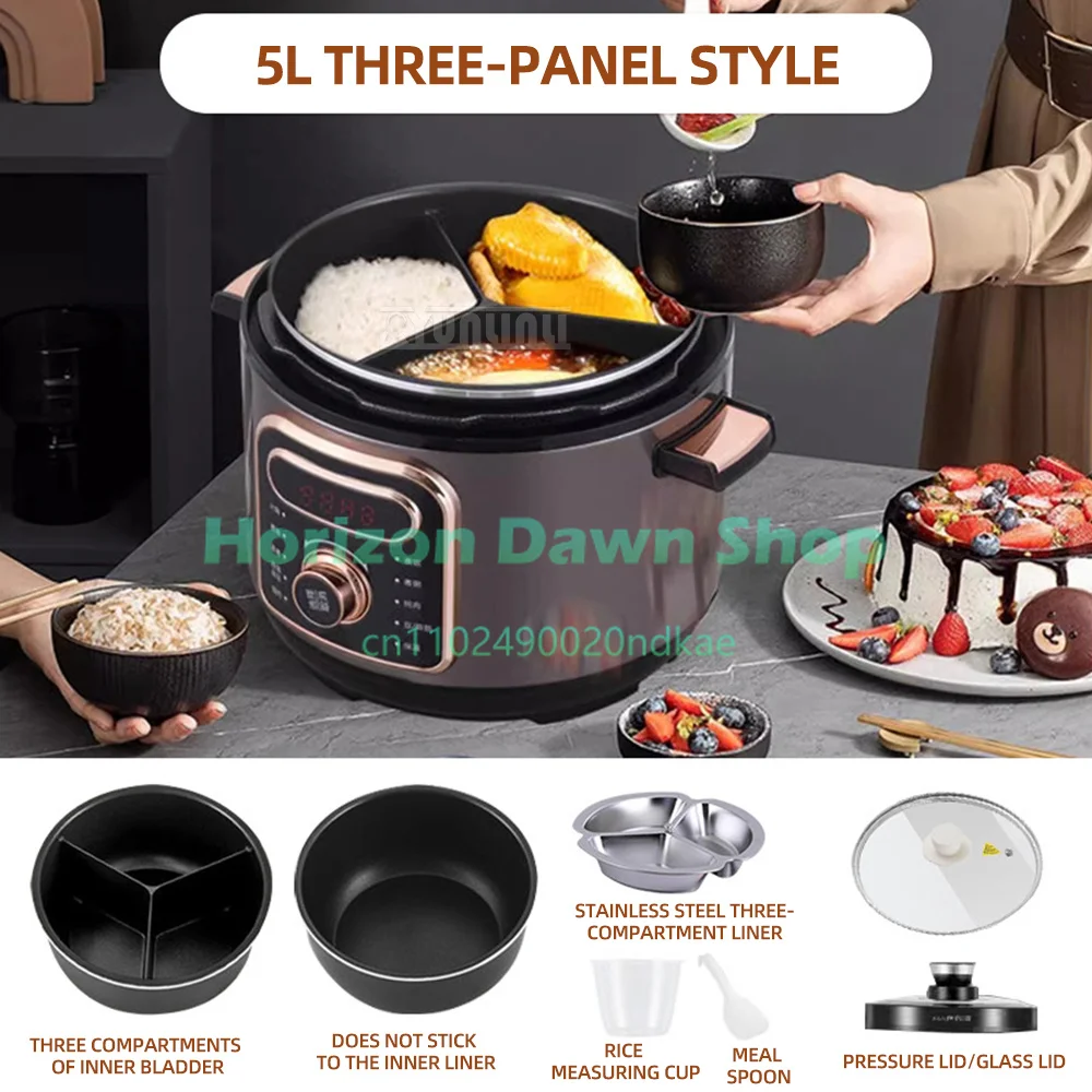 5L Multifunctional Electric Rice Cooker with 3-Compartment Non-Stick Pressure Cooking Feature