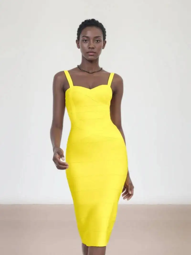 

Sexy Vintage Quality Evening Yellow Bandage Dress 2023 Women Summer Blue Midi Cross Dress Bodycon Party Ladies Vestidos SV80