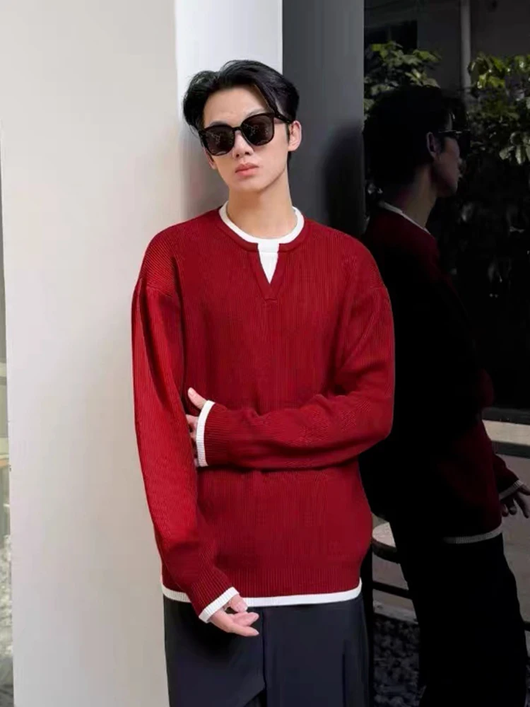 

Элегантный мужской вязаный свитер с V-образным вырезом, свободного кроя, красного цвета, простой, но стильный, для повседневной носки