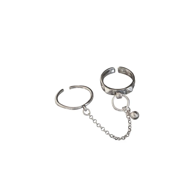 Prawdziwe 925 Sterling Silver Retro okrągły geometryczny pierścionek dla 2 Rigns damski łańcuszek Vintage Fine Jewelry minimalistyczne akcesoria prezent — zdjęcie 2