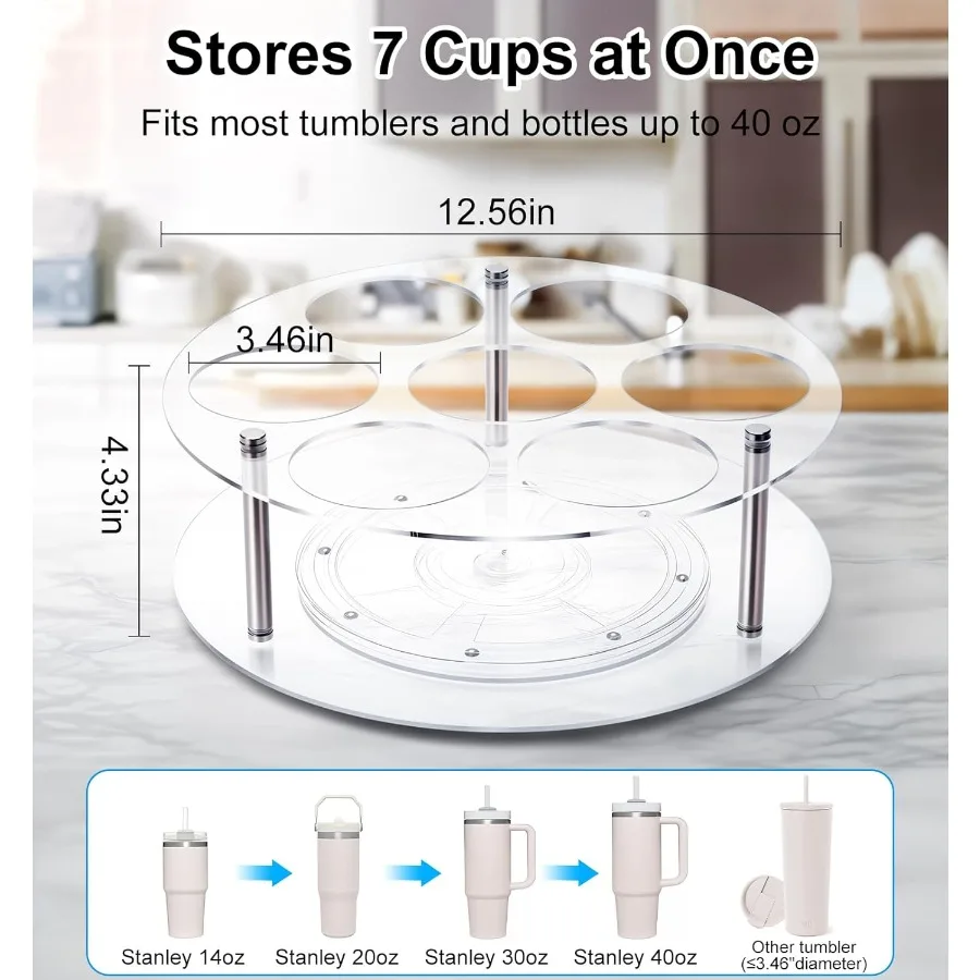 منظم زجاجات المياه لكوب ستانلي 40 أونصة مع مقبض حامل أكواب قابل للدوران منظم 7 فتحات حامل بهلوان أكريليك Kitc #3
