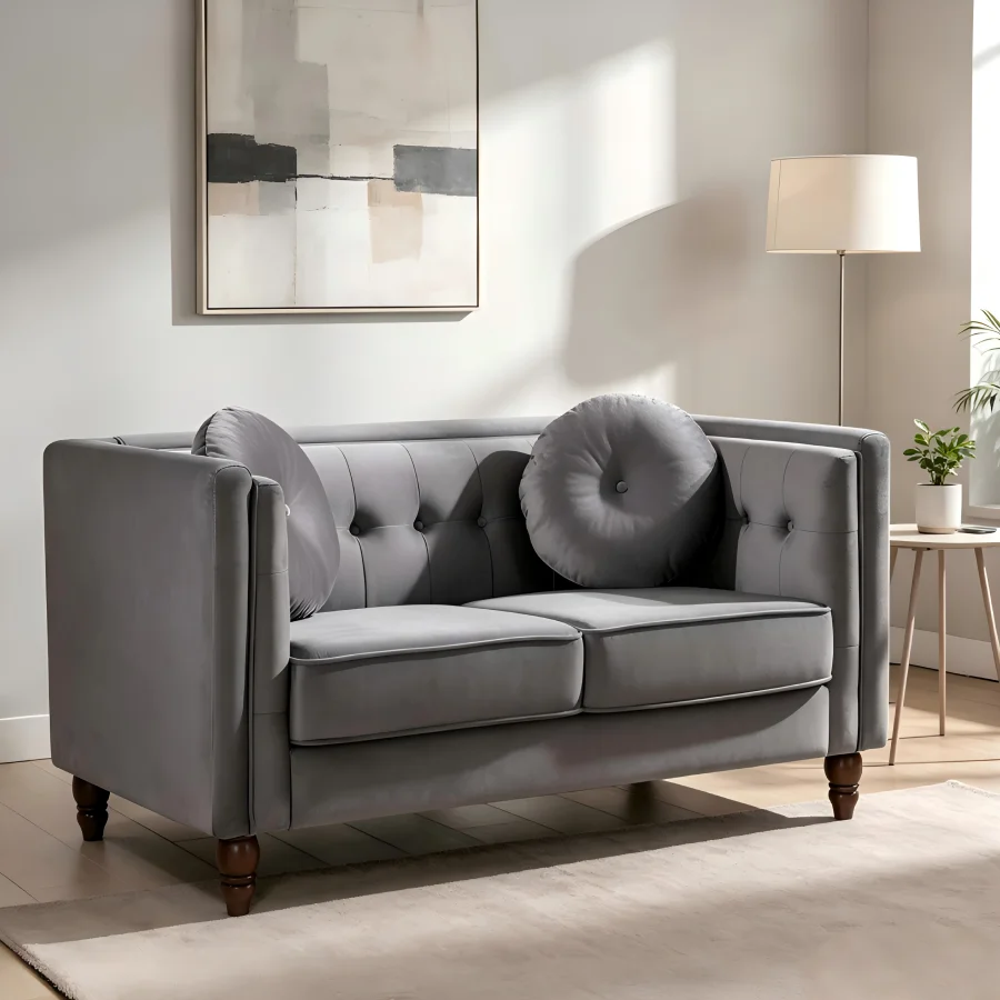 Chesterfield Loveseat 2-Seater Couch, Button Tufted Square Arm Sofa with Tapered Wood Legs, Crushed Velvet Small Loveseat for L