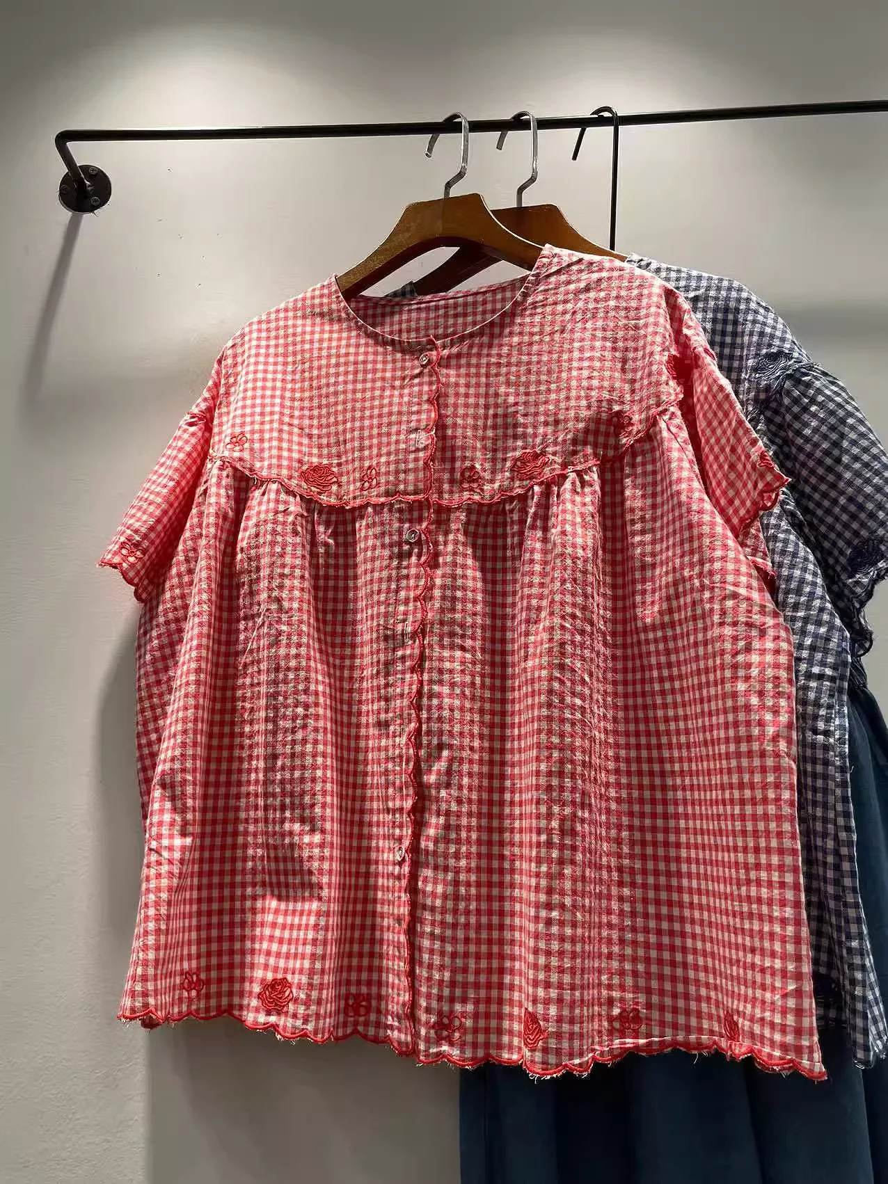 

Plus size women clothes mori girl summer Japan style blue pink plaid shirts and blouses for women cotton short sleeve tops