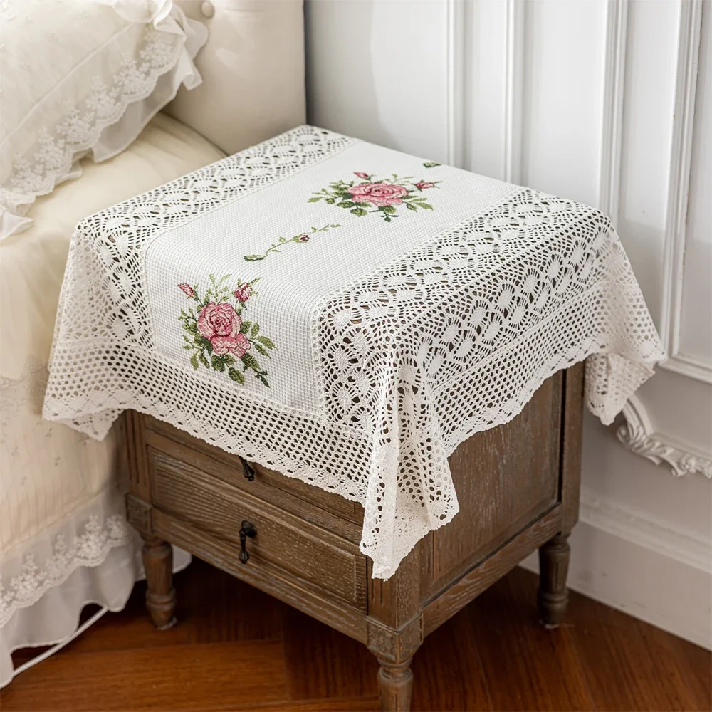 Handmade Crochet Tablecloth Bedside Table TV Safe Cover Towel Printer Lace Hollow Peony Printing Home Decoration Dust Cover