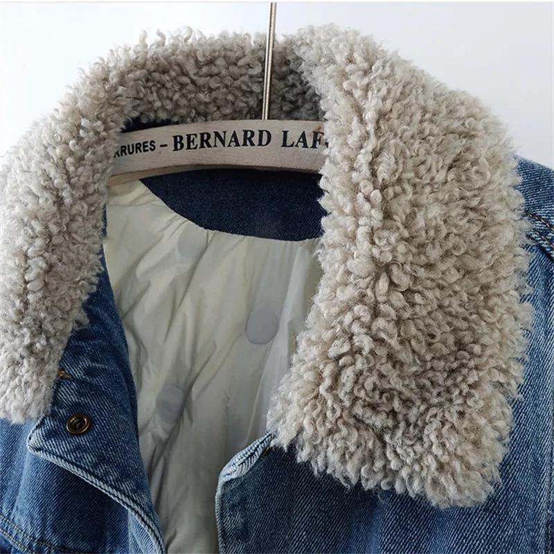 Winter New Women Faux Lambswool Lapel Thick Warm Down Liner Denim Jacket Casual Long Sleeve Blue Cowboy Outerwear Chaqueta Mujer