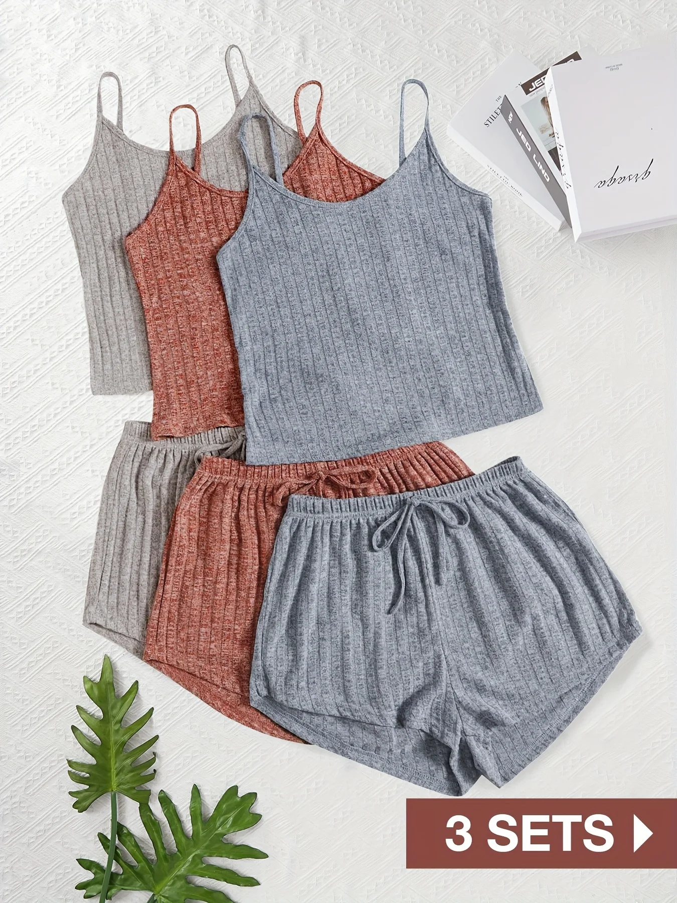 طقم مكون من 6 قطع مكون من 3 أطقم بيجامات نسائية، طقم شورت قصير بسيط كاجوال فضفاض ولطيف بلون سادة مكون من قطعتين