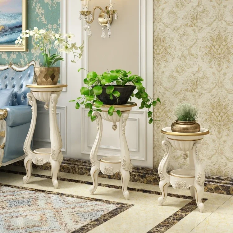 Soporte de flores de estilo europeo, estante para maceta de balcón, soporte para plantas de sala de estar, estante de suelo, maceta de madera maciza de imitación blanca