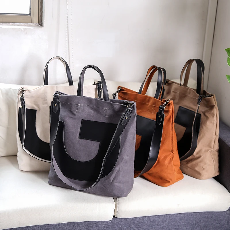 Fashion Big Capacity Tote Bag For Men Canvas Leather Crossbody Bag Wear-resistant Handbag Letter Shoulder Bag