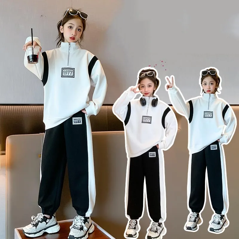 

Spring Autumn Junior Girl Tracksuit Teenager Girl Half Zip Sport Shirt+Patchwork Sweatpants School Girls 2PCS Clothes Set