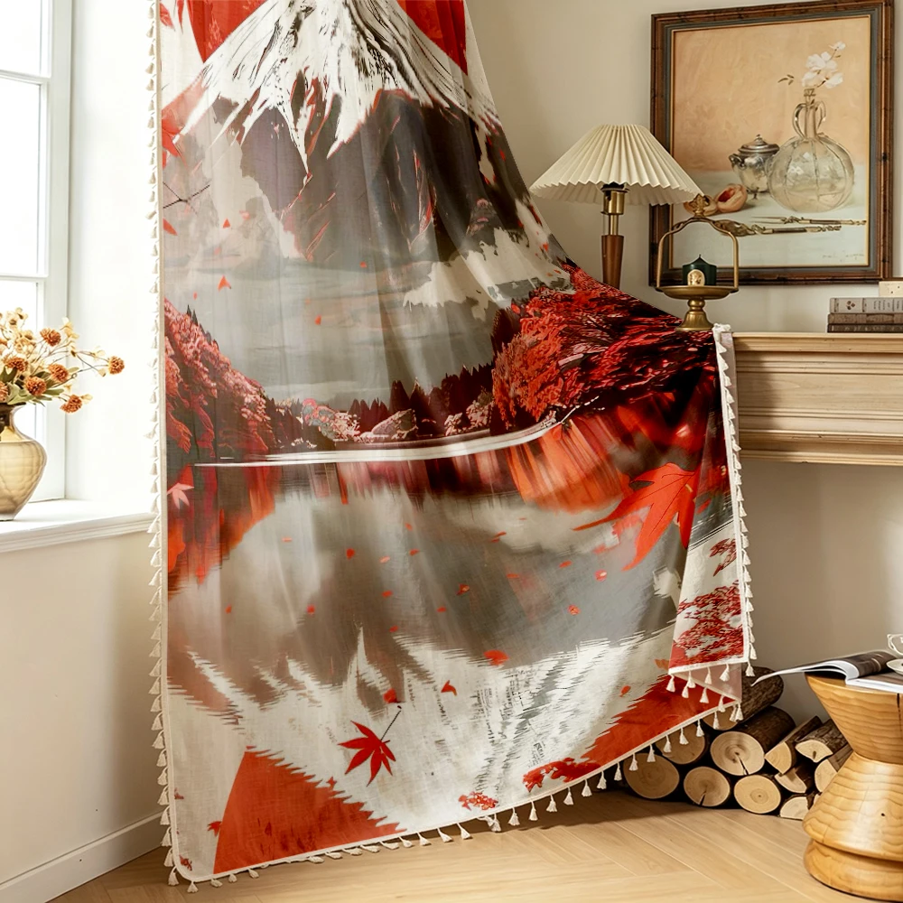 1PC Japanese Style Tassel Sheer Curtains, Mount Fuji Red Maple Sun Pattern, Digital Print, Linen Polyester, Home Decor