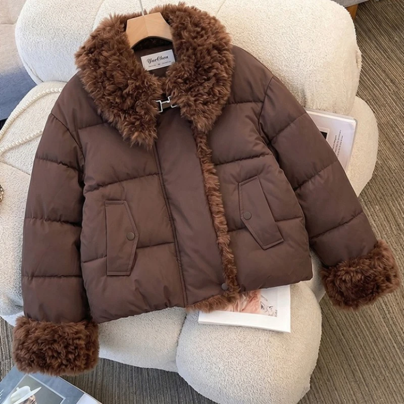 2026 Women's Winter Down Cotton Jacket New Fashion Versatile Large Lapel Retro Short Warm Bread Cotton Clothes Female Outerwear