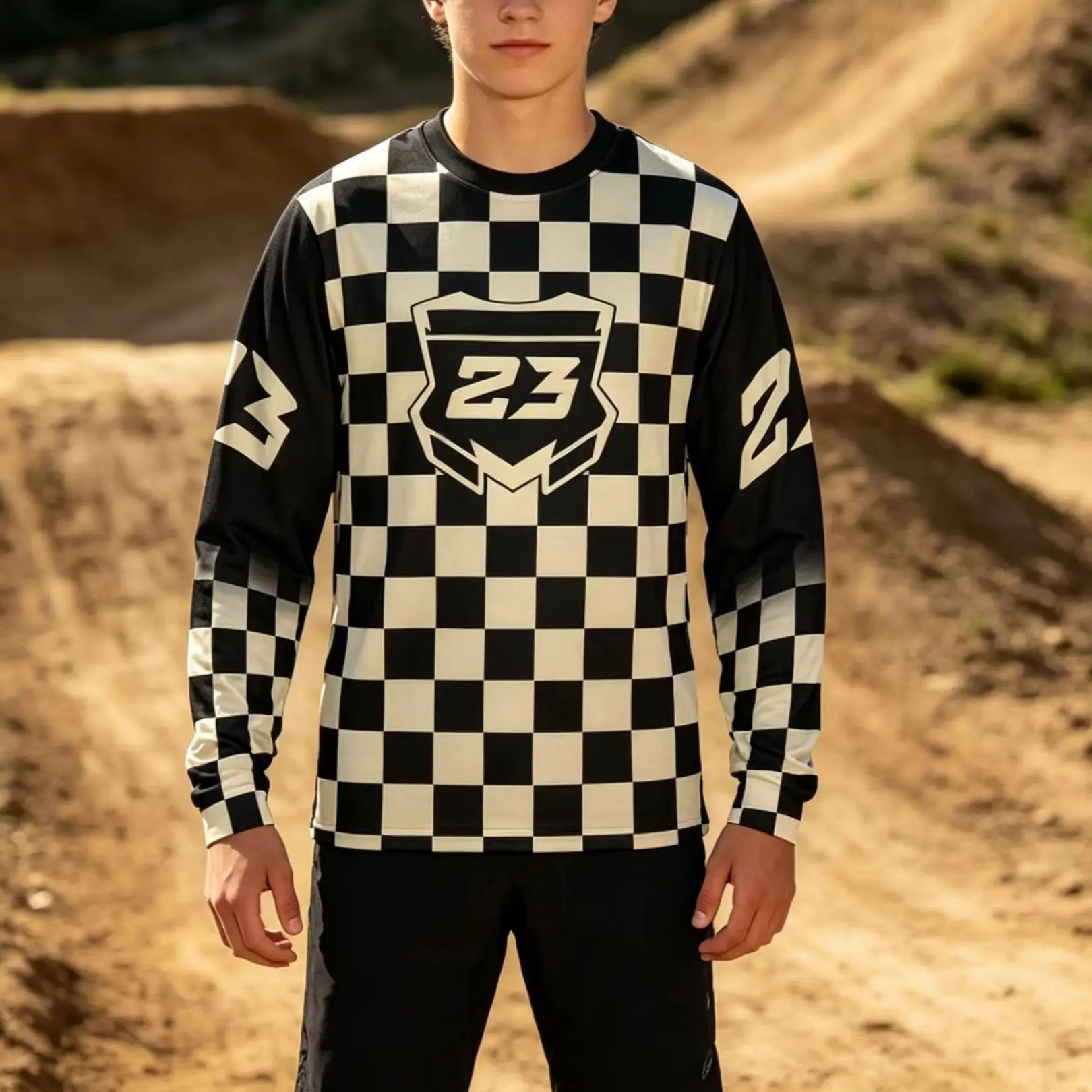 Kinder-T-Shirt, Damen-T-Shirt, Jungen-Oberteil, Erwachsene, Kinder, Eltern-Kind-Set, schnelltrocknend, Herren-Langarm-T-Shirt, Dirt Bike, kariert, Motocross, 3D
