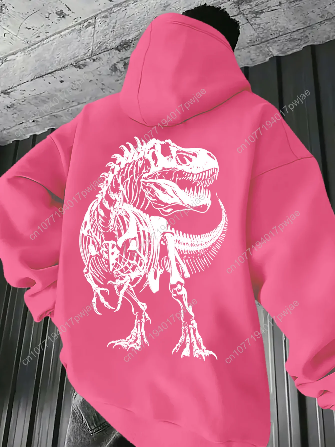 Felpa con cappuccio da uomo con stampa sul retro di dinosauro rosa - Pullover grafico Neon T-Rex, Comfort casual per tutte le stagioni, Lavabile in lavatrice, Dra