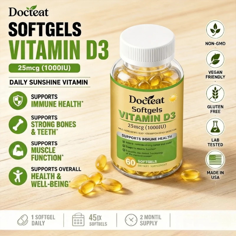 

Docteat Vitamin D3 Softgels 25mcg (1000 IU) 60 Softgels Supports Immune Health Bones and Teeth Easy Digestion for Wellness