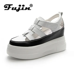 Fujin 7 centimetri piena di mucca del cuoio genuino delle donne scarpe estive sandali con plateau zeppa diapositive pantofole scarpe da spiaggia gancio loop 2024