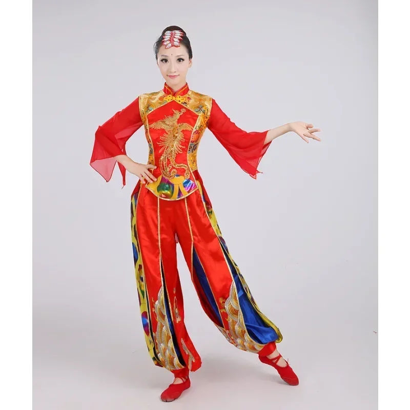 

performance male and female adult yangko Chinese style ethnic water drum opening dance waist drum team clothing 2-piece set