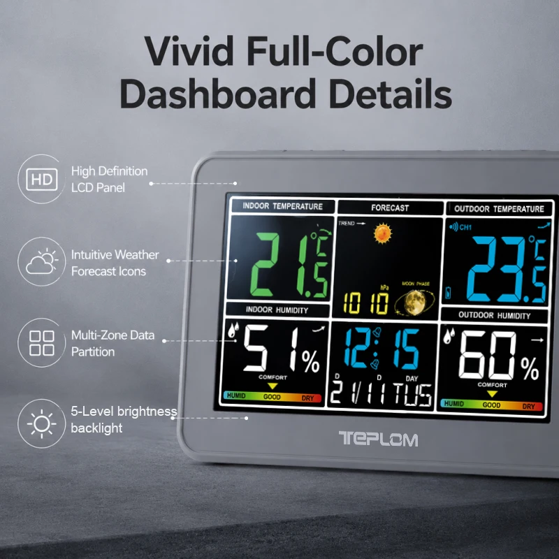 TEPLOM Multifunctional Digital Weather Station, Alarm Clock, Indoor and Outdoor Temperature Sensor, Humidity Meter, Calendar