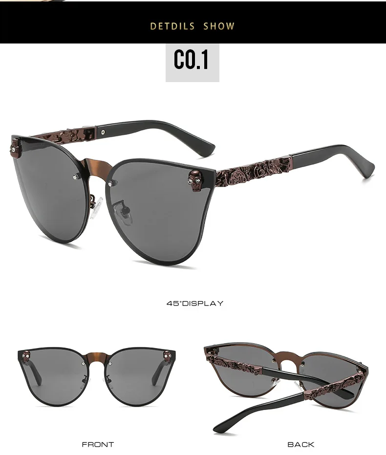 Gothic Schädel Sonnenbrille Frauen Männer Cat Eye Geschnitzt Metall Persönlichkeit Randlose Reflektierende UV400 Sonnenbrille – Detail 8