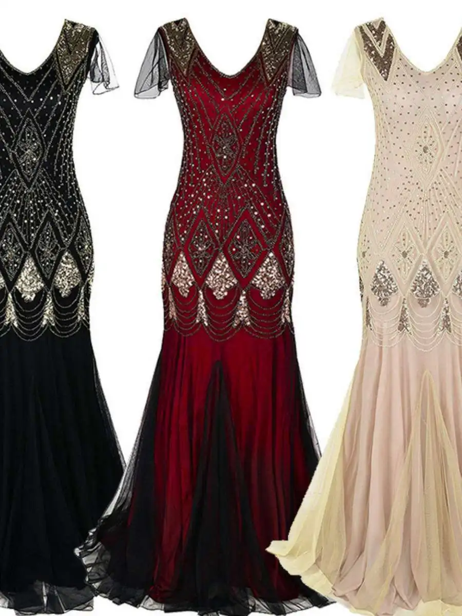 

Retro Sequin Wedding Dress Large Size Evening Gown Deep Design Party Dress Ball Dress Short Sleeve Drag Tail Scene Party