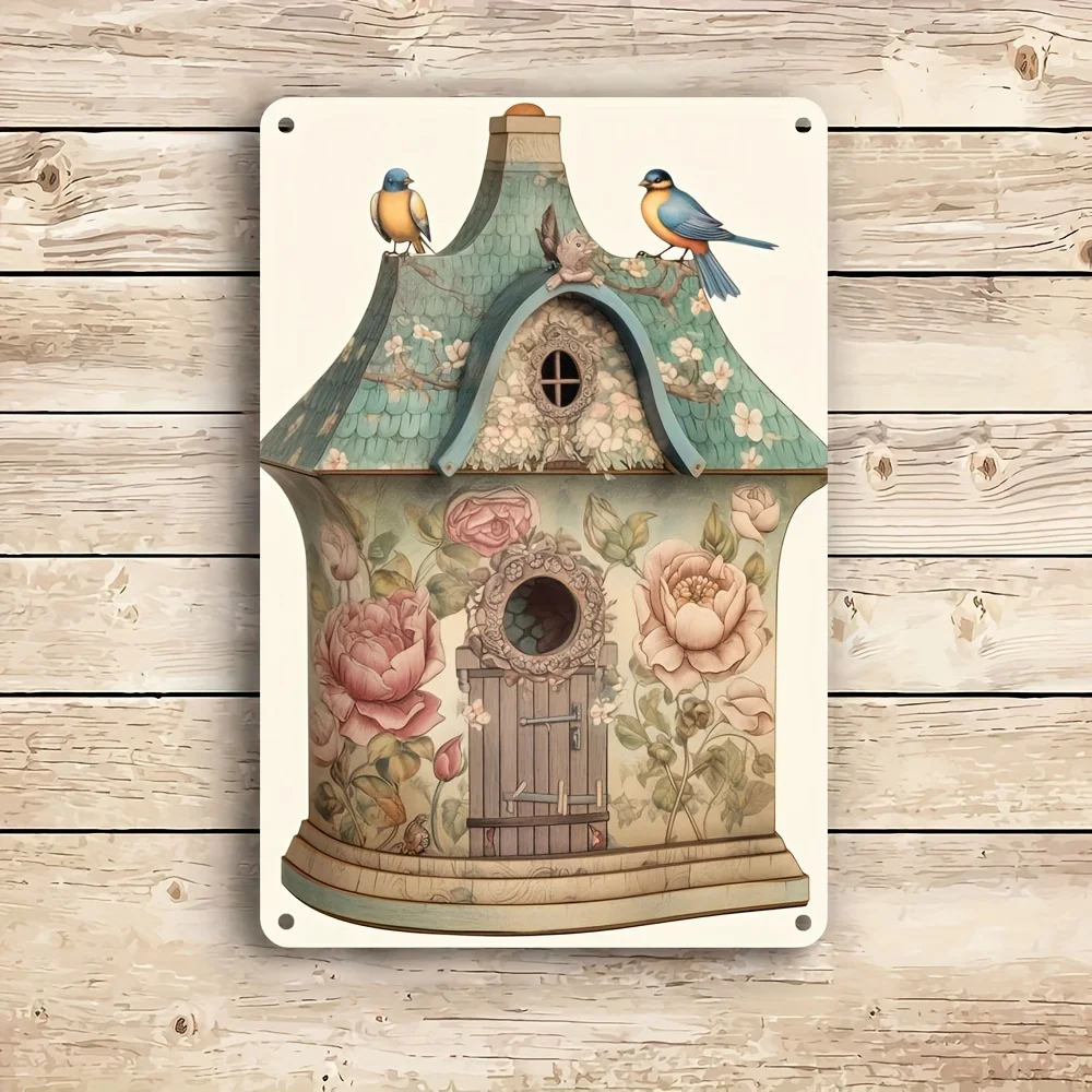 A reusable bird house and floral metal sign suitable for home, terrace, and garden decoration -2D
