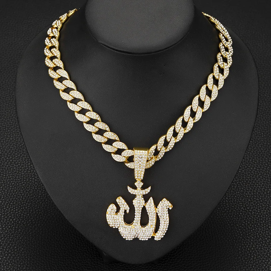 

Mens Womens 15mm Cuban Chain Crystal Arabic Art Symbol Pendant Necklace Rapper Necklace Jewelry New