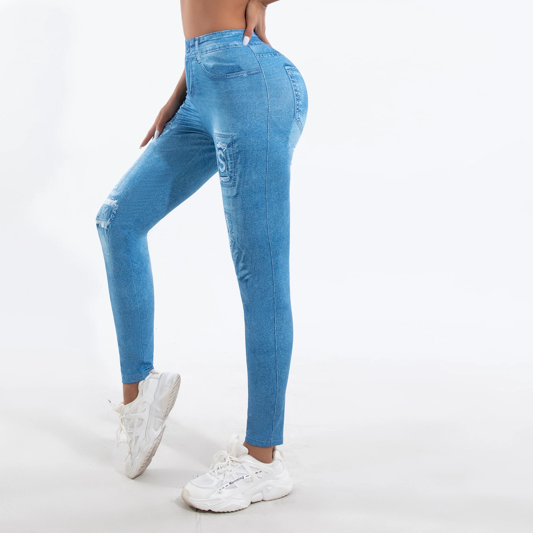 New High-waisted Letter Imitation Denim Leggings Women Europe And America Sexy Tight Height Elastic Waist Nine-point Pants Women