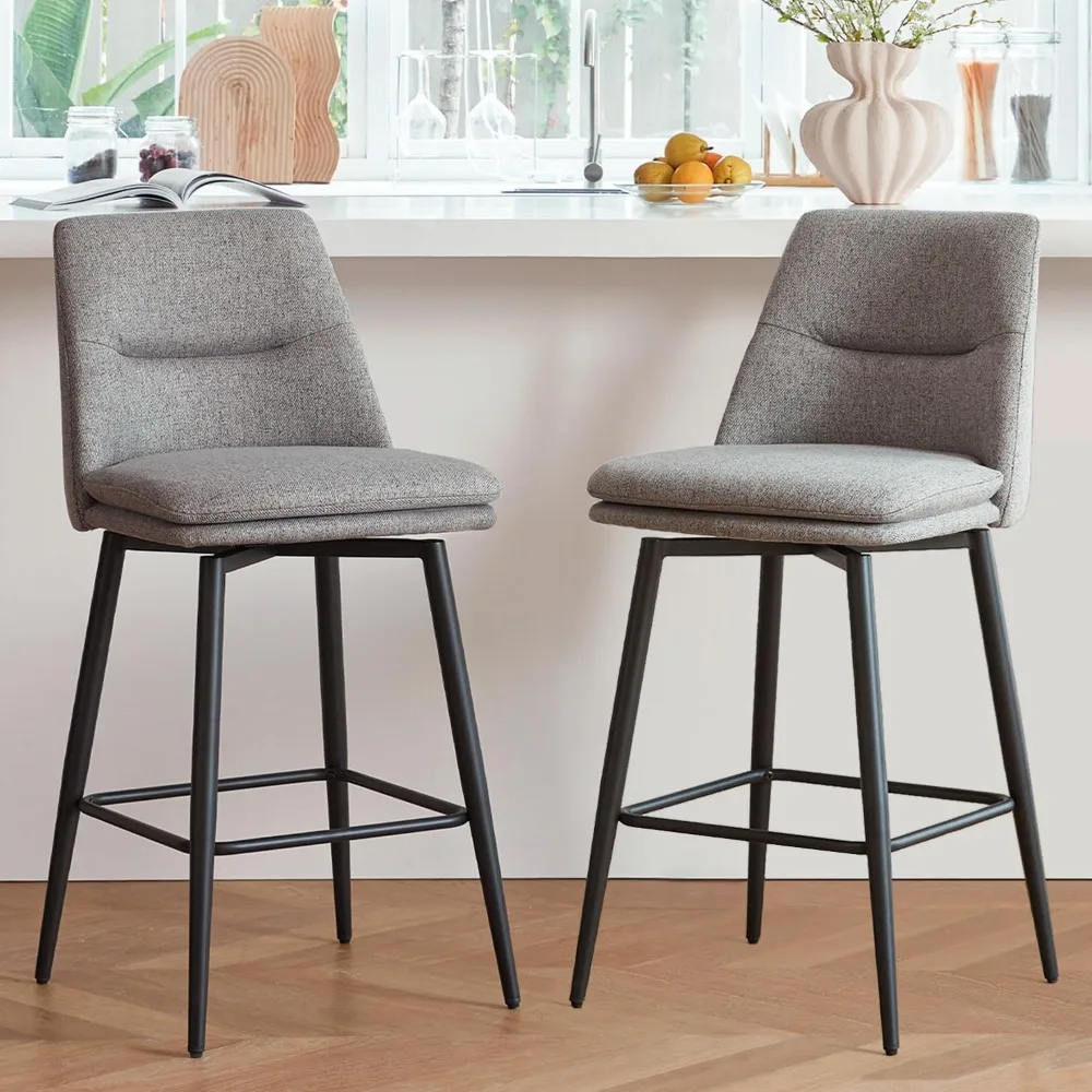 

Grey Counter Height Bar Stools Set of 2,27 Inch Seat Height with Back and Metal Legs,360° Swivel Upholstered Fabric Swivel Bar S