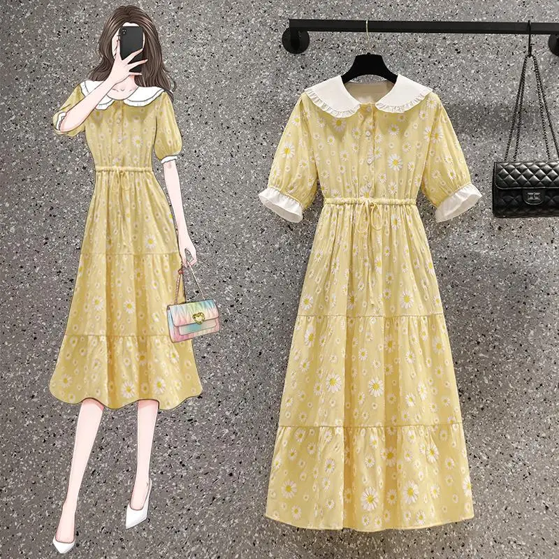 Plus Size 4XL Women Daisy Print Yellow Dress Short Sleeve Ruff Peter Pan Collar High Waist Dresses 2022 Summer Female Clothing