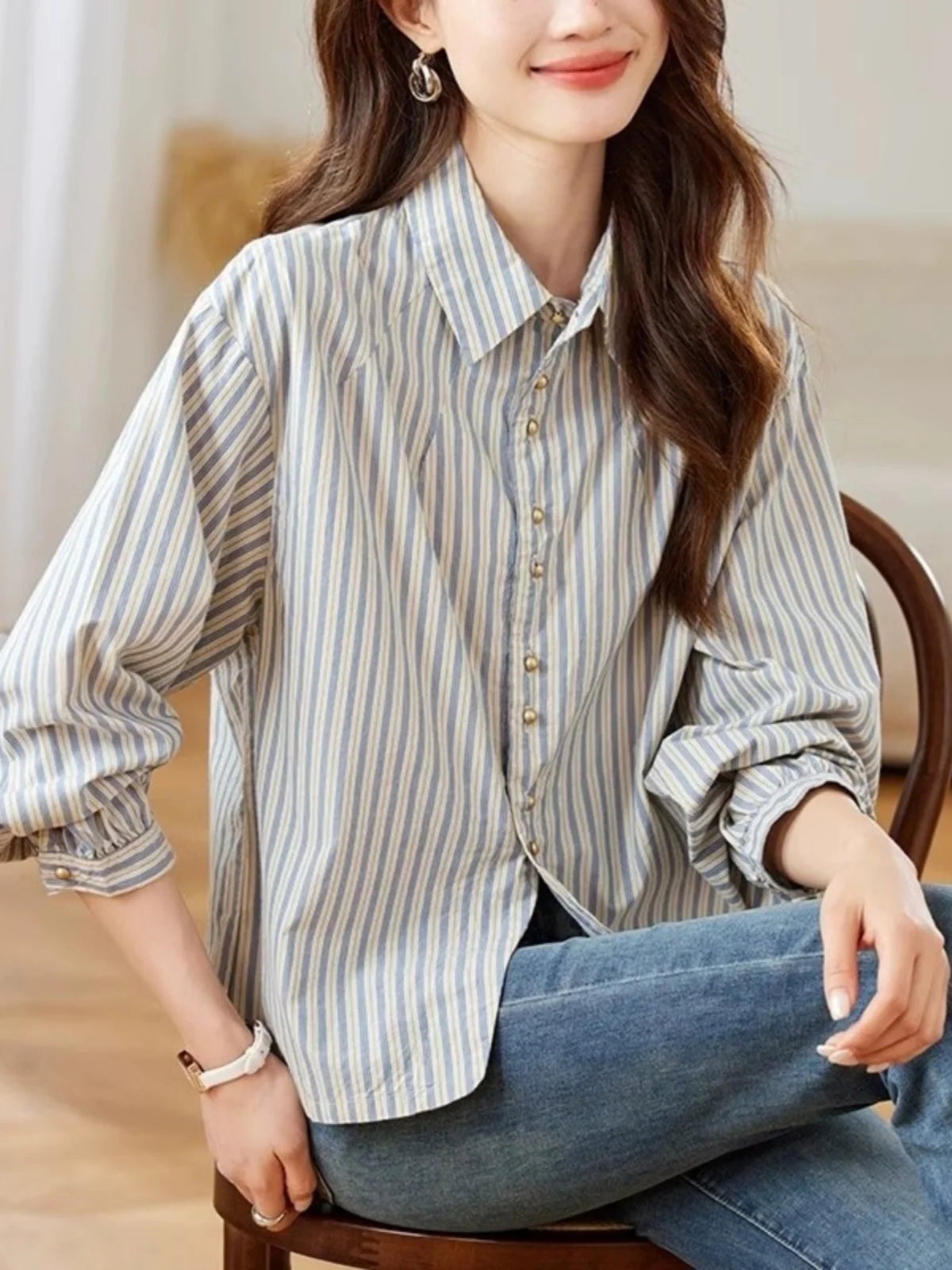 

Women's Loose Fit Casual Striped Shirt Long Sleeve Pure Cotton Pearl Button up Spring Autumn Winter Fashion Korean Style Top