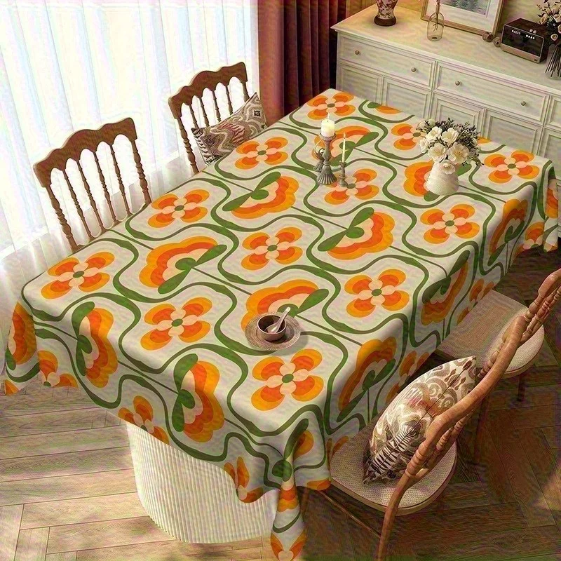 1pc Vintage 70s Tablecloth with Bold Orange and Green Floral Pattern,wedding decorations,summer decoration,garden decor for outs