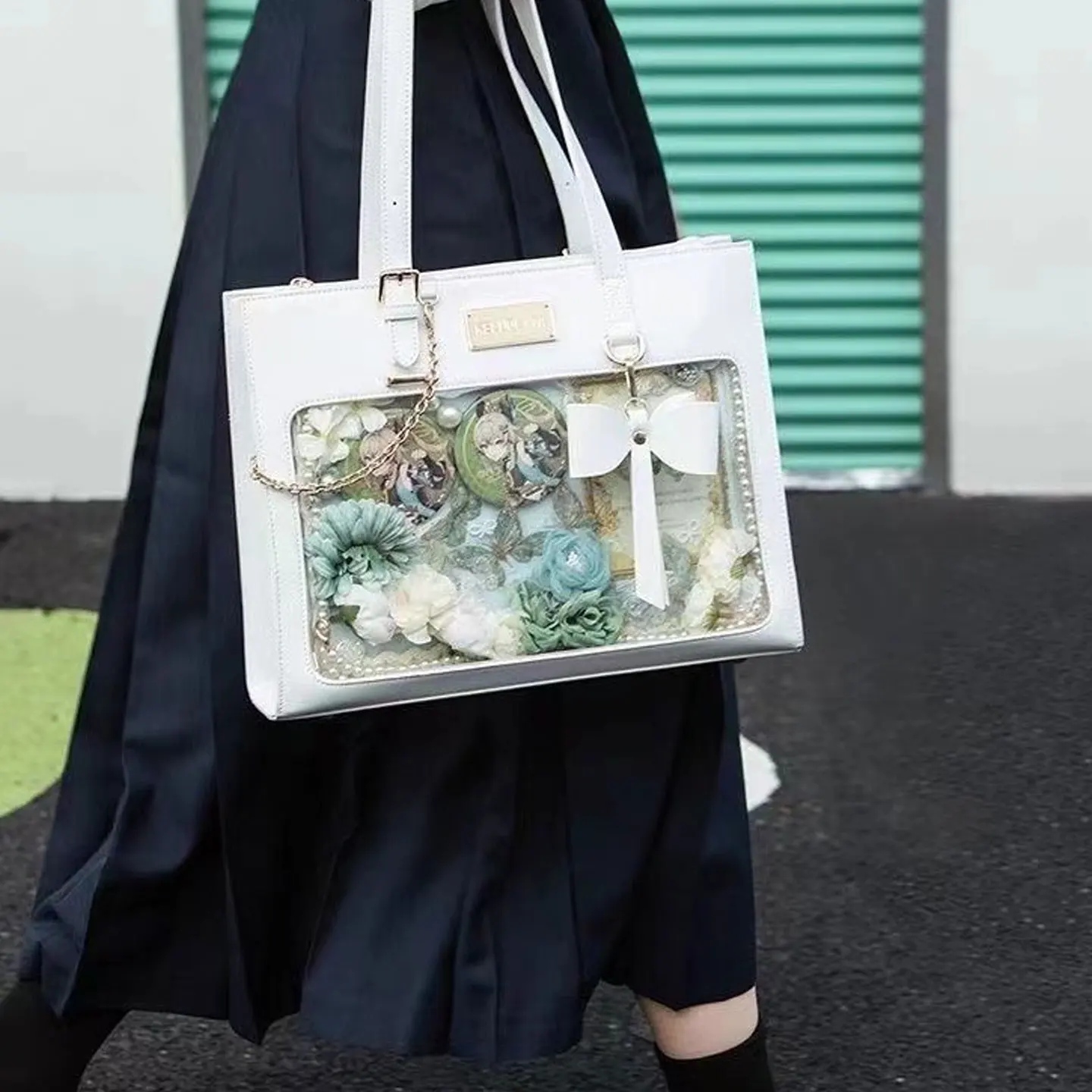 Nova Bolsa Tote de Ombro Grande Capacidade Estilo Japonês 2026 para Meninas, Bolsa Transparente de Anime Doce com Boneca de Mão