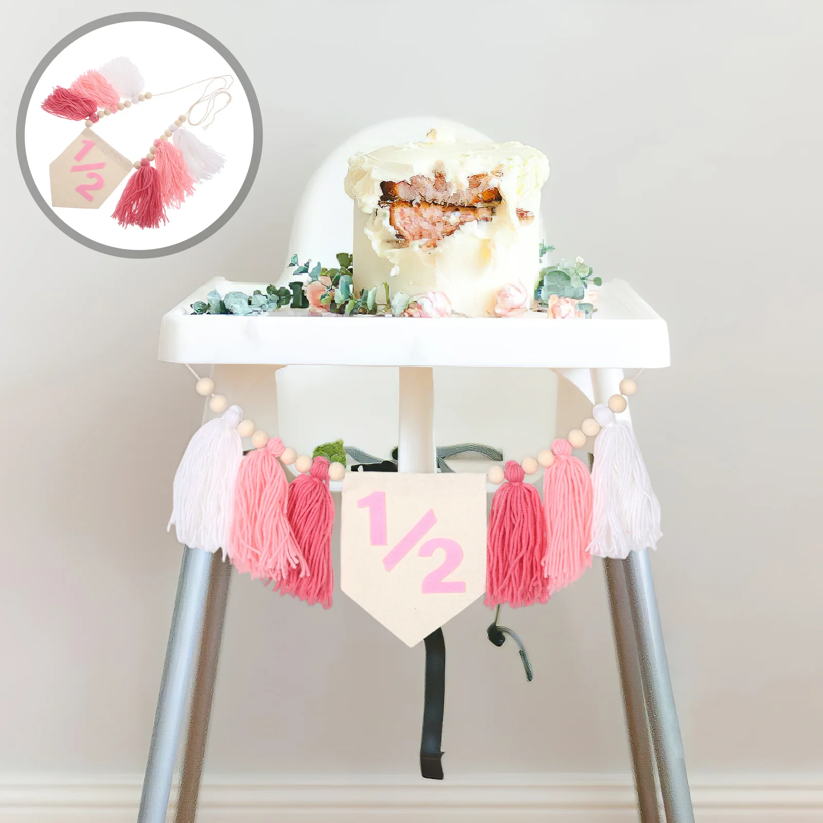 

Baby Birthday Decor 6 Months Highchair Banner Tassel Wood Bead Garland Half Birthday Party Decoration Kids Photobooth Backdrop