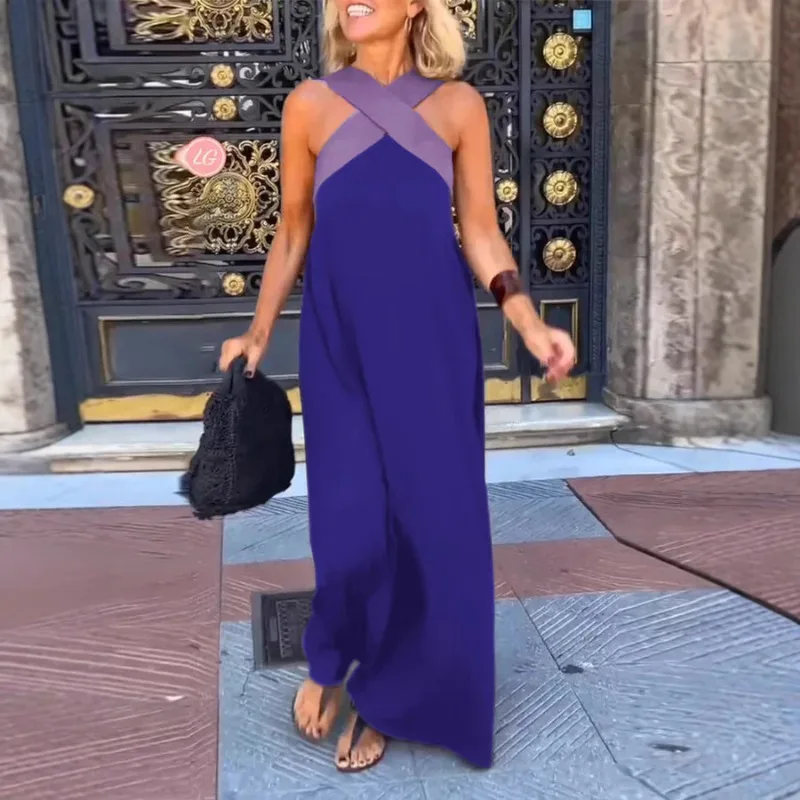 2025 여성 여름 섹시한 백리스 드레스 - 솔리드 컬러 민소매 크로스 프론트 롱 맥시 드레스