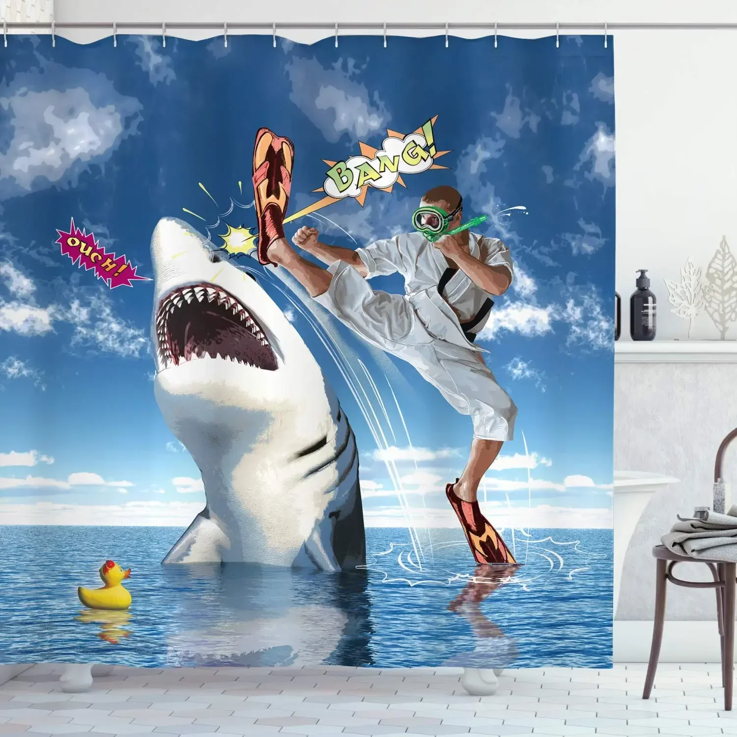 Unusual Marine Navy Life Animals Fish Sharks with Karate Kid and Comics Balloon Art Fabric Bathroom Decor