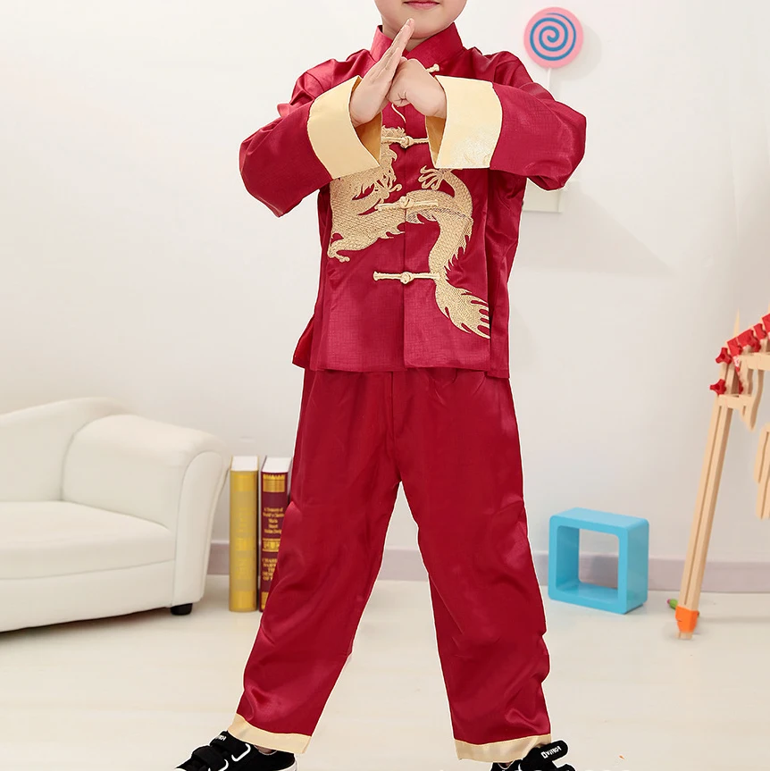 

Винтажная вышивка, одежда Dragon Kong Fu, китайский воротник-стойка, повседневная рубашка и брюки из 2 предметов, атласный детский костюм Тан для мальчиков