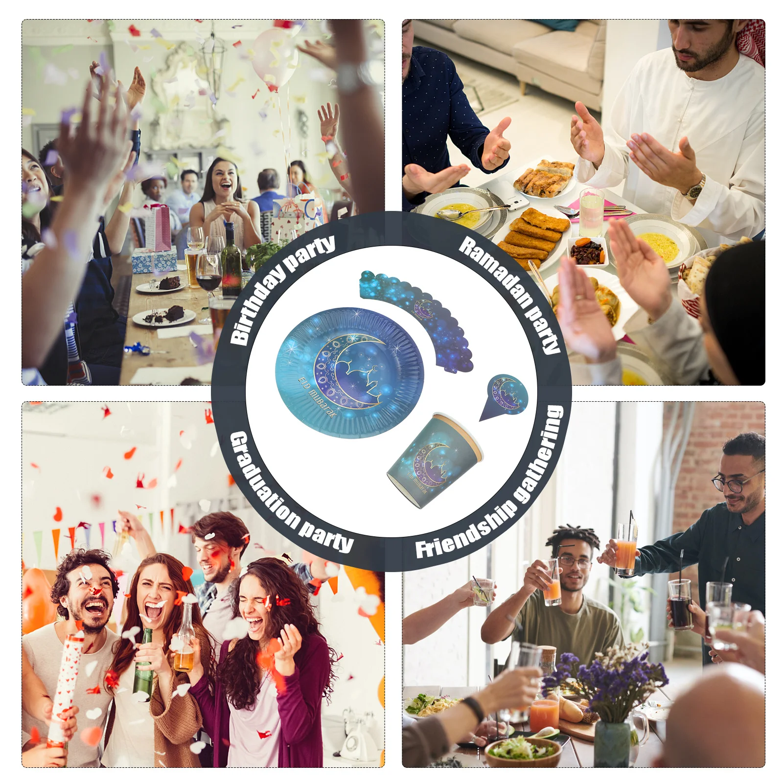 

36pcs Paper Cups Dishes Cake Toppers Rims Disposable Party Supplies For Ramadan Festive Decoration Daily Use Eid Mubarak