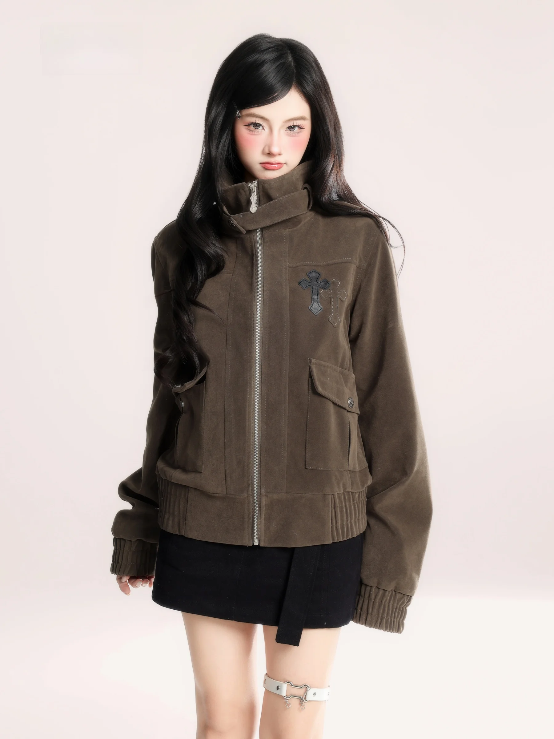 

American Sle Spicy Girl Suede Embroidered Workwear Stand Collar Jaet Women Loose Slimming Versatile Workwear Coat