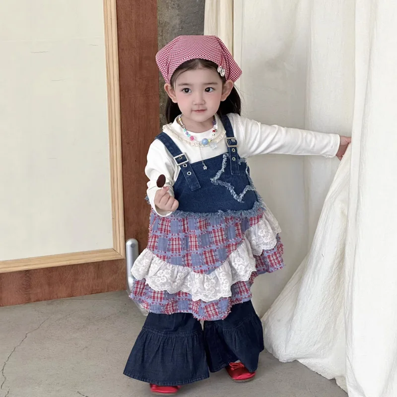 

Girls' Spring Dress26New stylish children's denim patchwork plaid vest dress for girls, spring dress