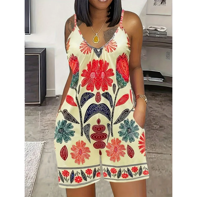 ملابس نسائية مطبوعة جديدةVجمبسوت مثير بحمالات مع ياقة على الطراز الأوروبي والأمريكي