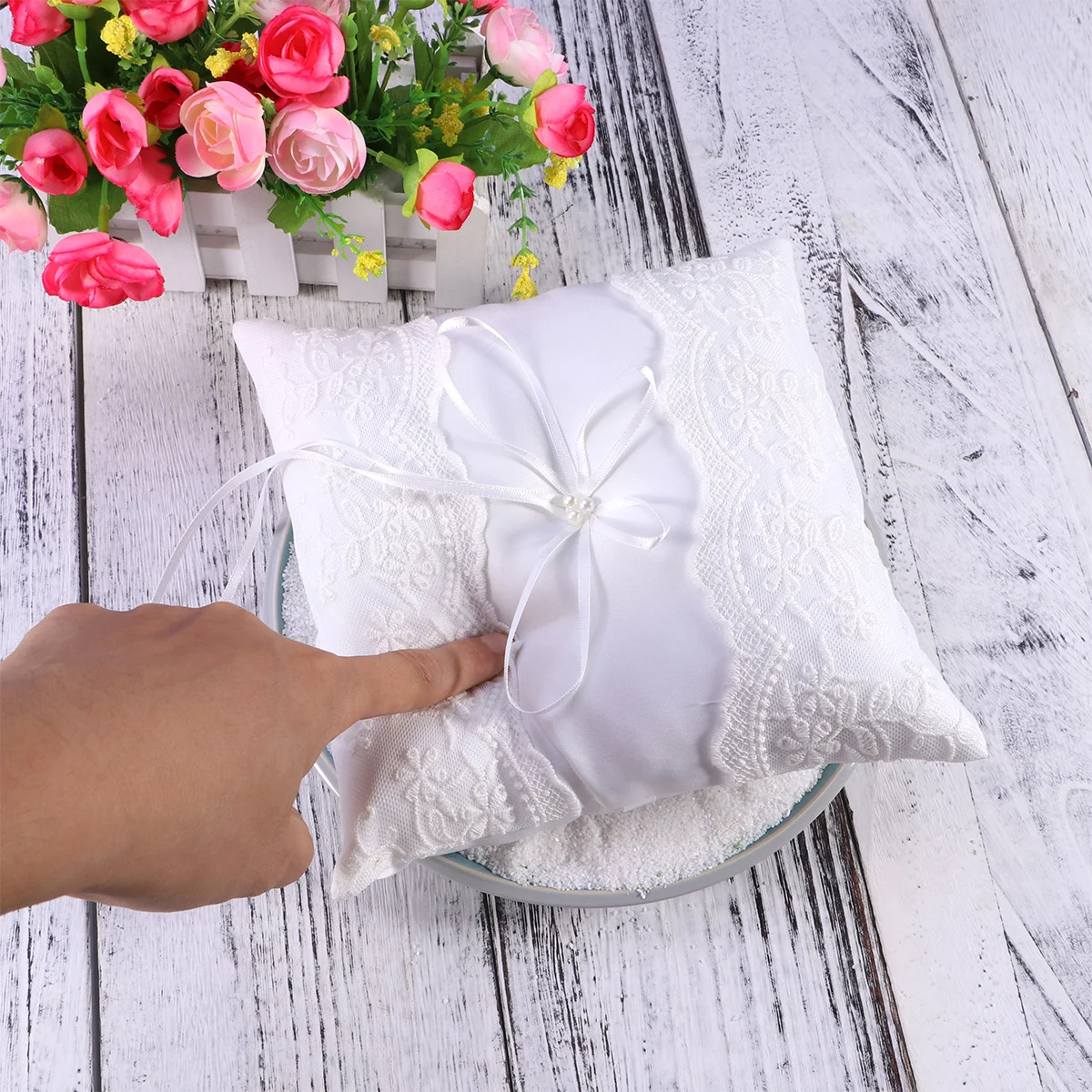 

20x20cm Wedding Ring Pillow Cushion Bridal Pearl Ribbon Decorated Ring Bearer Pillow ring cushion wedding