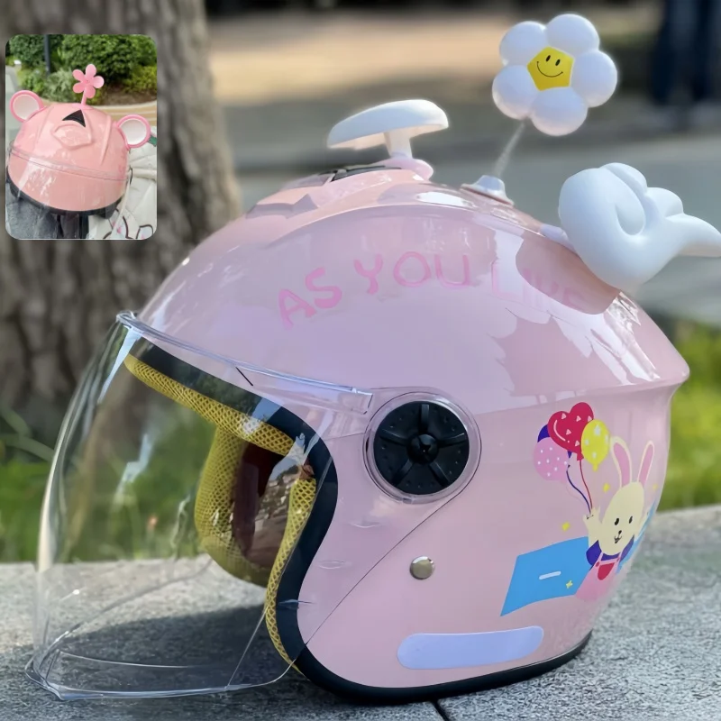 3-14 years old Kids Cute Half Face Helmet with Balloon Rabbit & Wings, Rainproof Sunscreen  Safety Helmet  Scooter Riding