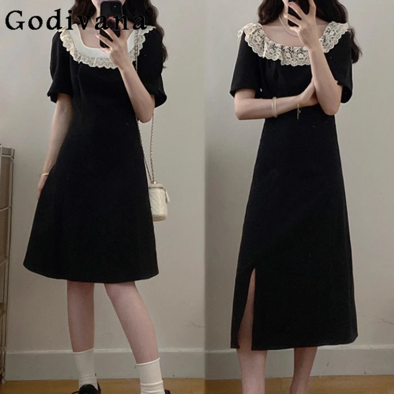 

Summer Large Size Women Elegant Lace Short Sleeve Black Simple Dress Fashion High Waist A-line Versatile Temperament Dresses