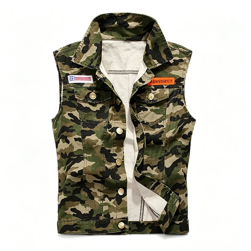 Men Camo Denim Vest Korean Style Jean Jacket Fashion Casual Camouflage Sleeveless Waistcoat Streetwear