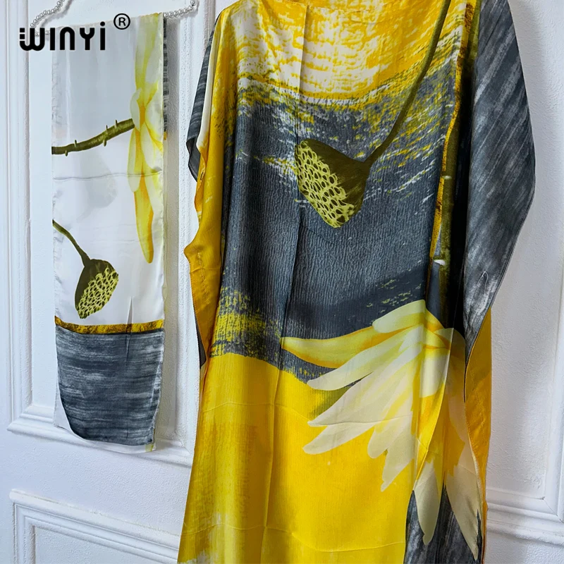 WINYI gaun panjang Maxi elegan wanita, gaun Kaftan motif leher kru abaya Afrika dubai