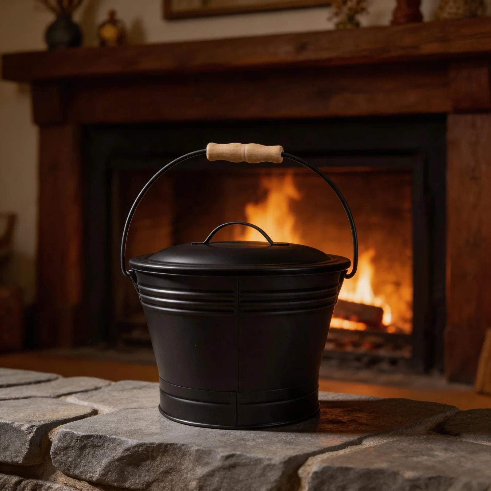 Fireplace Ash Container Galvanized Iron Construction Handles For Easy Carrying Ash Bucket With Shovel Included