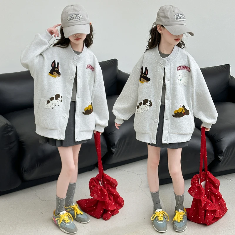 

Осенние хлопковые серые желтые пальто с капюшоном для девочек-подростков с вышивкой собаки, бейсбольная куртка для детей 4–14 лет, детская верхняя одежда