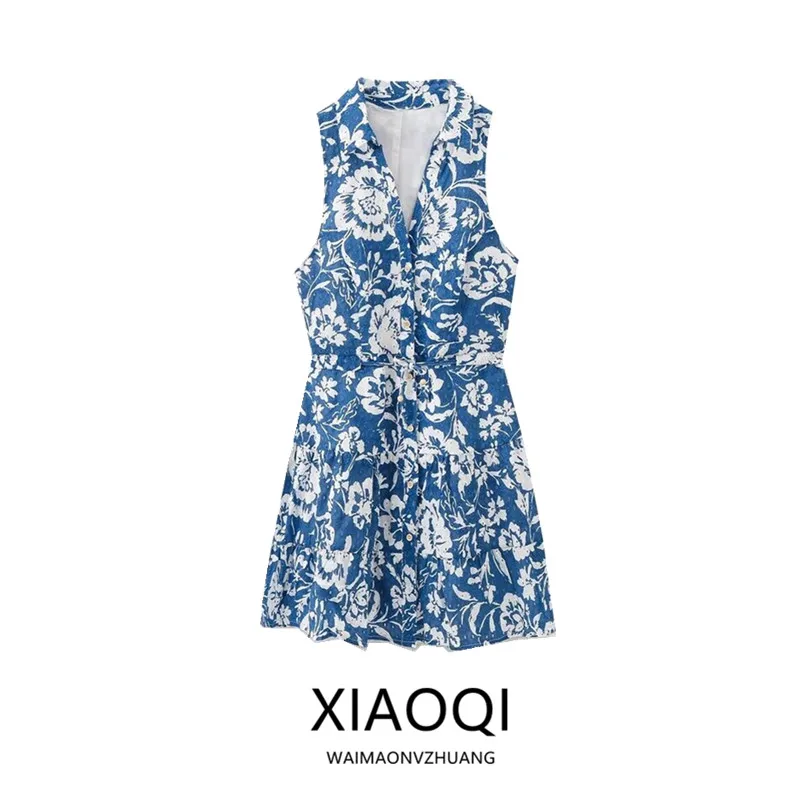 新しい夏 2024 女性の刺繍中空アウト V ネックミニスカートエレガントなノースリーブドレスファッショナブルな通気性の服