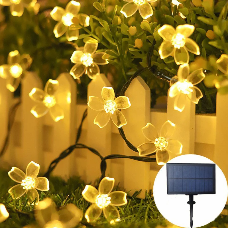 LED Solar Cherry Blossom String Lights Crystal Flowers Fairy Garland Light for Wedding Party Garden Christmas Outdoor Decoration