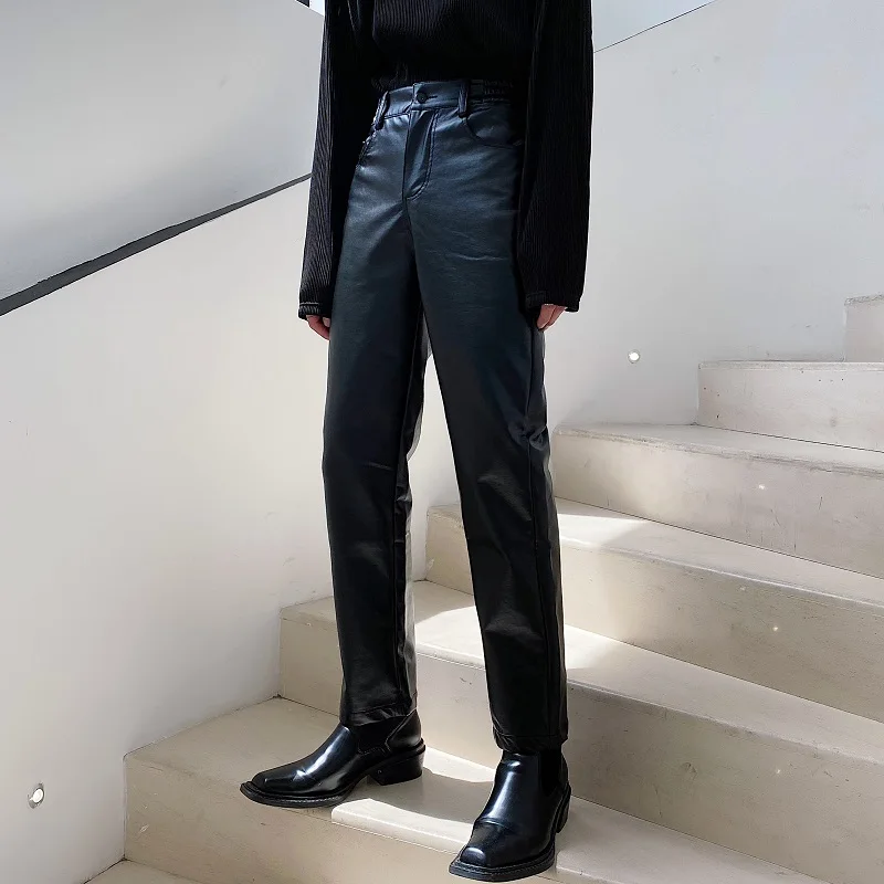 

Winter New Sle Men's Slim Straight PU Leather Pants Faionable Hair St Design Casual Youth Trendy Nine-Piece Pants