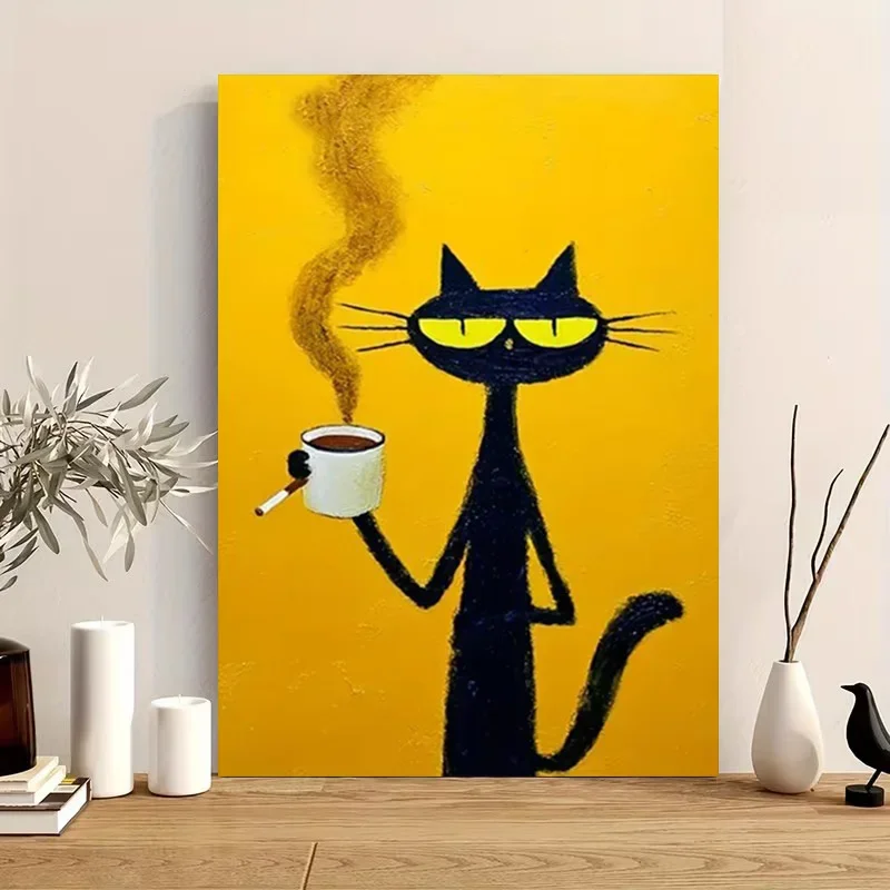 Multiple sizes 1pc frameless Canvas Painting,Coffee Time Pete The Cat Black Cat with Coffee Poster and Prints Canvas Painting Wa